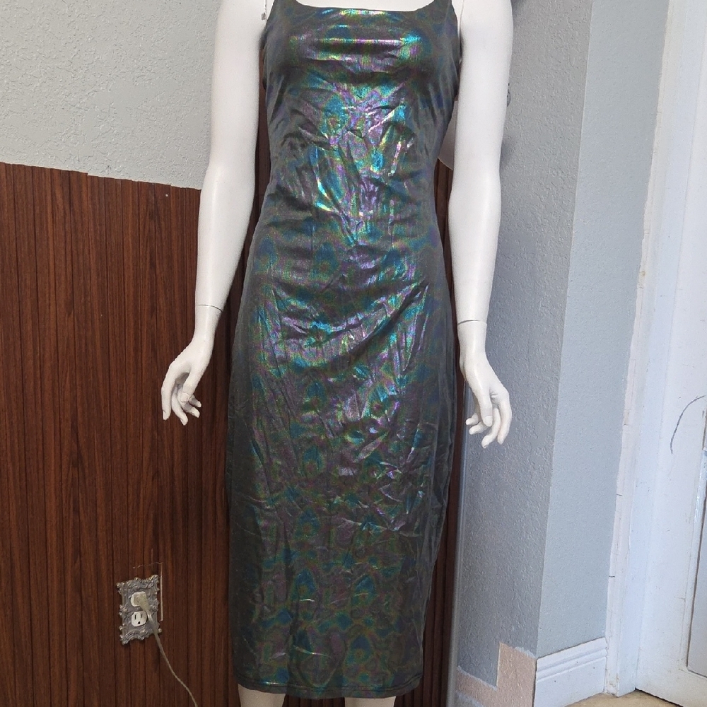 “AKIRA Holographic Metallic Midi Dress Bodycon Party Club Dress Xlarge Sz.